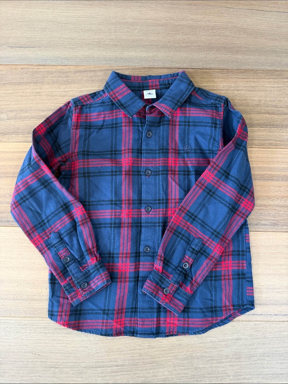 Petit Bateau Navy and Red Plaid Button-Down Shirt for Kids